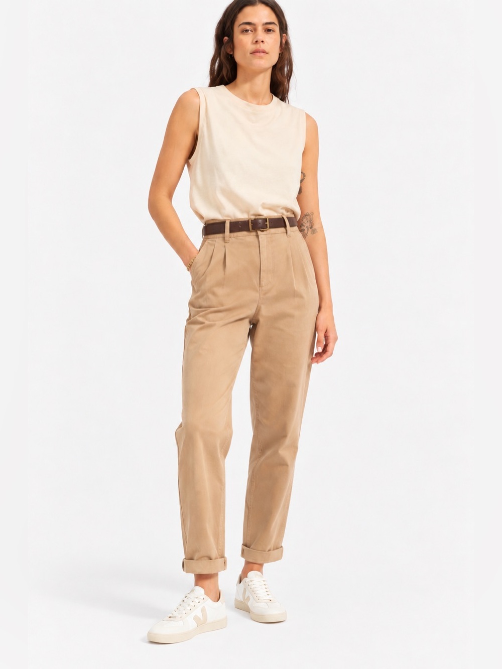 Everlane Pleated Chino Pants Womens 4 Khaki High Rise Straight Leg Cotton